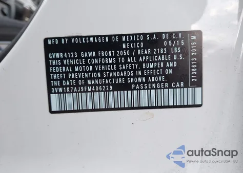 2015 Volkswagen Jetta 2.0L S from USA, damaged, VIN 3VW1K7AJ9FM406229